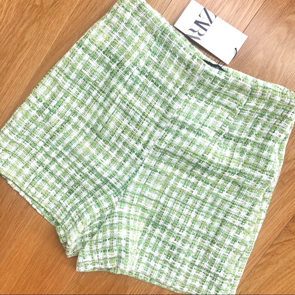 NWT Zara Green & White Tweed High Waisted Shorts - Picture 16 of 16